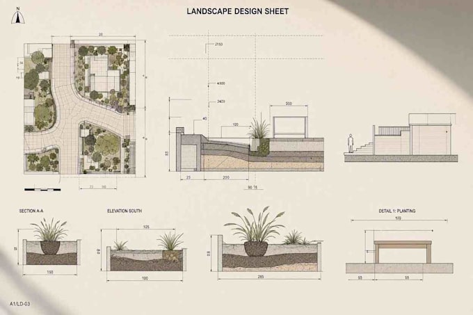 draw landscape design sections, elevation, detailed drawings