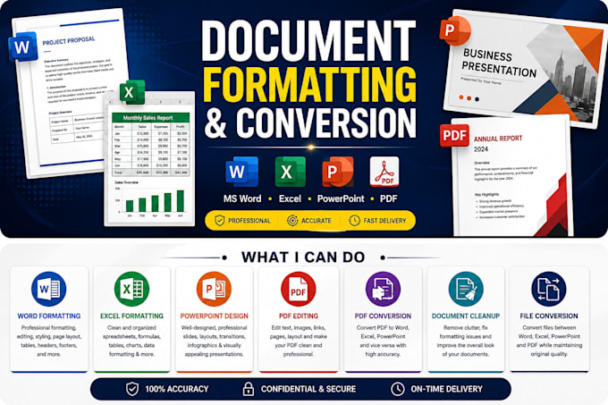 process, convert and format all document types ms word, PDF, excel