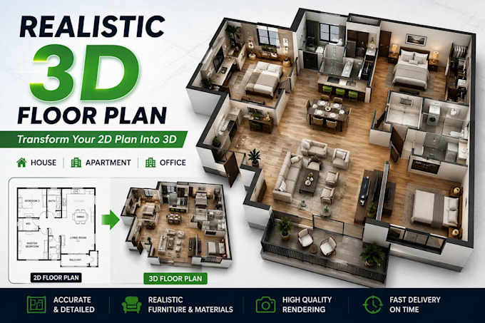 create a realistic 3d floor plan and architectural house visualization