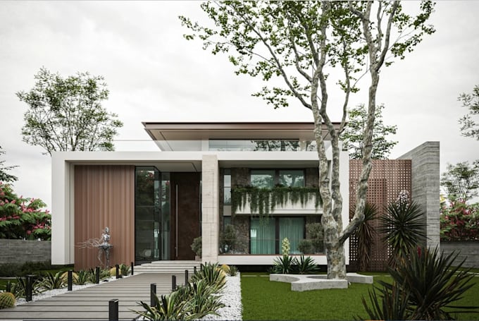 reconvert 3d floor plans, exterior landscape render, architectural revit design