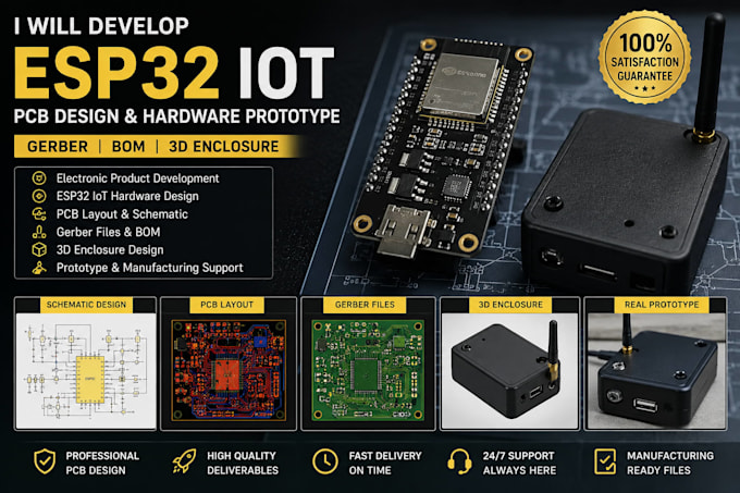 develop electronic product pcb hardware prototype enclosure gerber bom esp32 iot