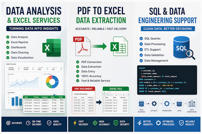 do data analysis, data extraction, sql and excel tasks