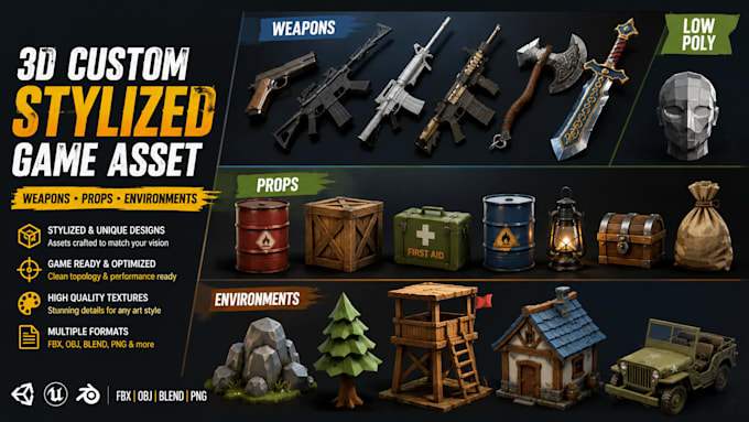 create stylized low poly 3d game assets and props packs