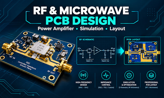 design and simulate rf, microwave circuit  power amplifier and pcb layout