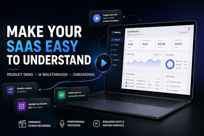create saas product demo, software walkthrough, onboarding, UI animation videos