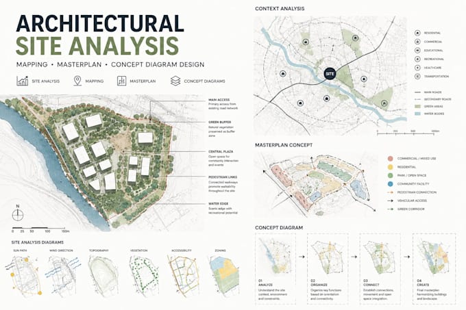 design architectural site analysis, mapping,masterplan, concept diagram design