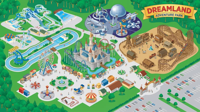 design festival theme park maps, amusement park maps, wayfinding and vector maps