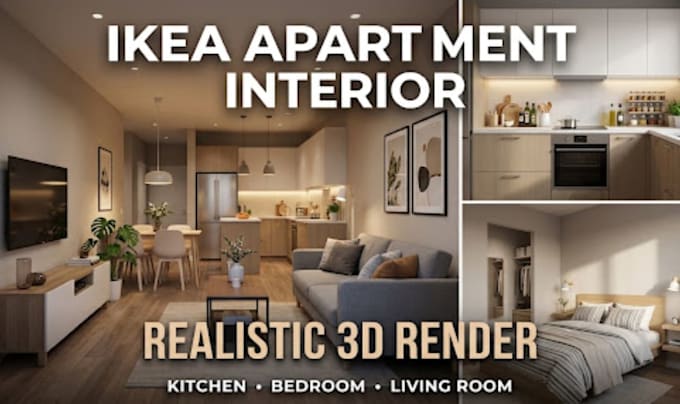 design ikea apartment interior, kitchen, bedroom with realistic 3d render