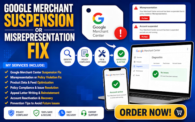 fix google merchant center suspension, misrepresentation and feed errors