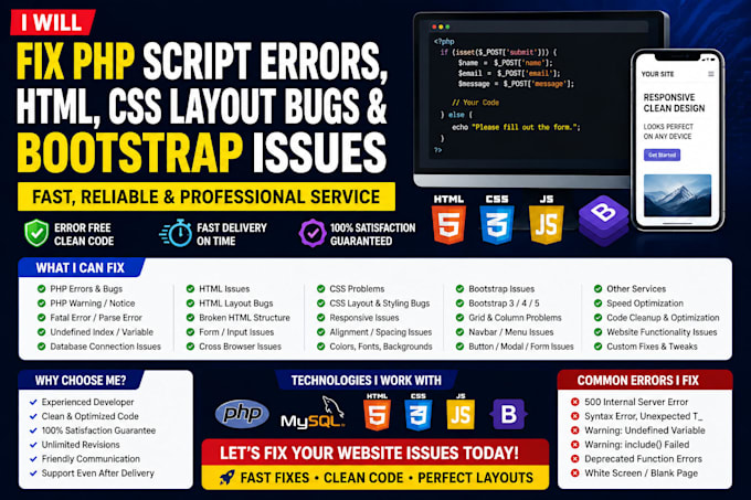 fix PHP script errors HTML CSS layout bugs and bootstrap issues