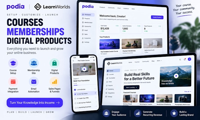setup podia website, learnworlds course platform and membership site