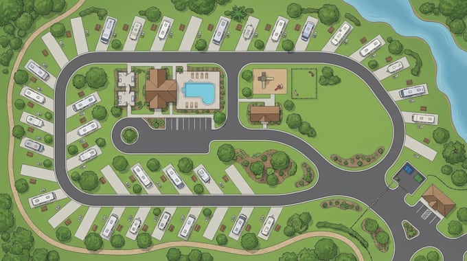 design illustrated rv park map, resort, glamping and campsite map