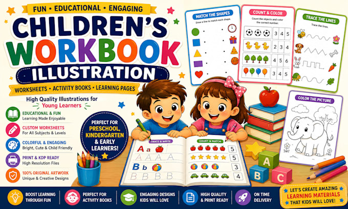 create children workbook illustrations educational worksheets and activity books