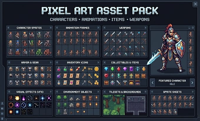 design 8bit 16bit retro pixel art characters icons weapons sprite sheet