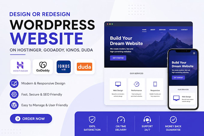 design or redesign wordpress website on hostinger godaddy ionos duda website