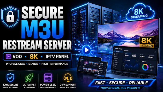 offer secure m3u playlist restream solution with vod, 8k server with panel