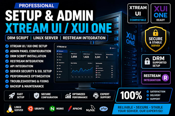 setup admin server, xtream ui, xui one, drm script, linux server, with restream