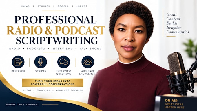 write professional radio, podcast and interview scripts, PR
