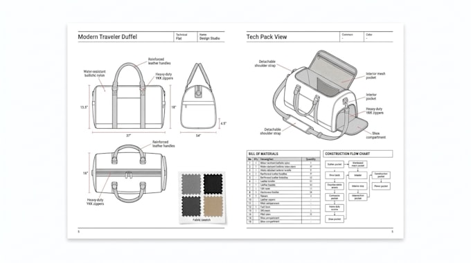 make duffle bag, travel bag, luggage and backpack tech pack design with sketch
