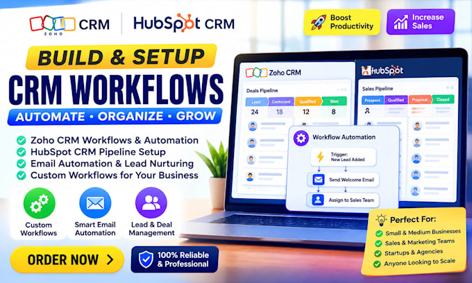 build zoho CRM workflows, setup hubspot CRM pipeline, workflows email automation