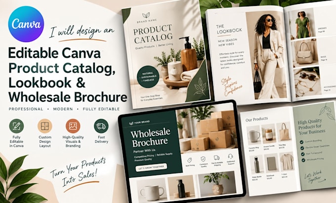 design an editable canva product catalog, lookbook and wholesale brochure