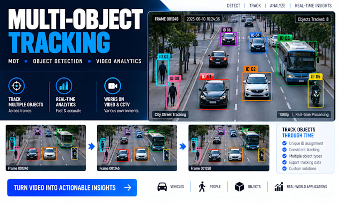 develop multi object tracking, mot, object detection and video analytics systems