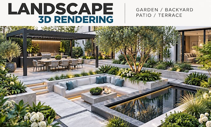 do 3d landscape rendering visualization for your garden backyard patio terrace