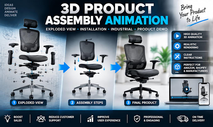 create 3d product assembly animation, exploded view and installation 2d video ad