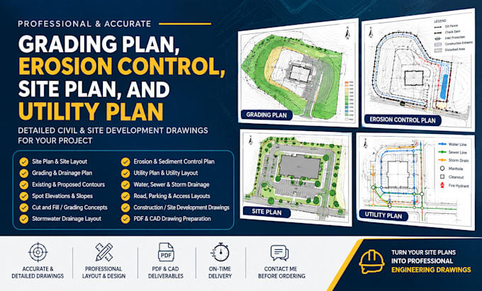design grading plan, erosion control, site plan, and utility plan