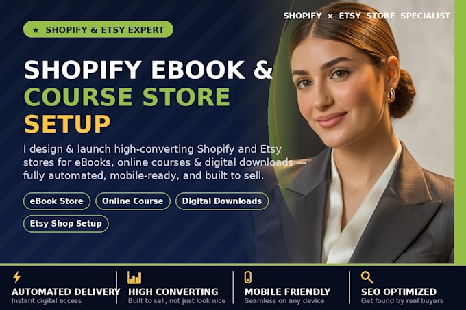 setup shopify ebook website, online course digital product shopify esty store