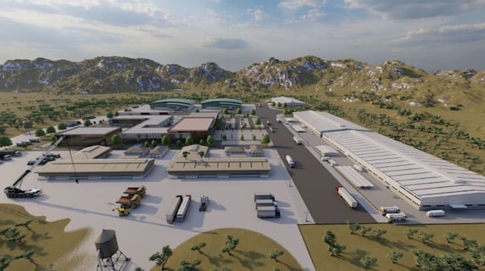 redesign 3d industrial building, storage facility, factory modeling, driveway