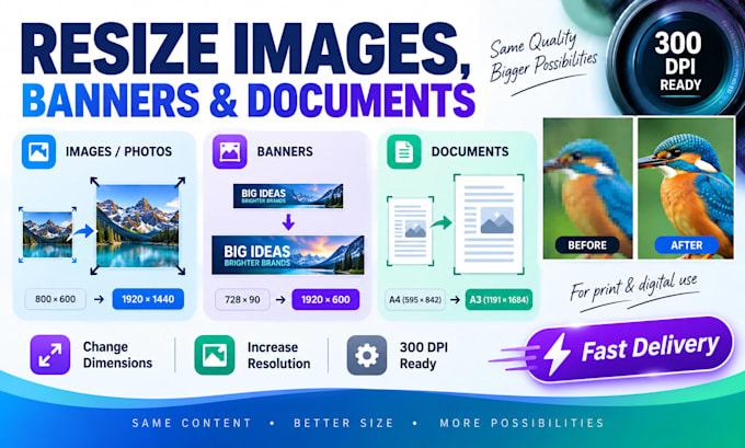 resize images banners, documents, change dimensions, increase resolution 300 dpi
