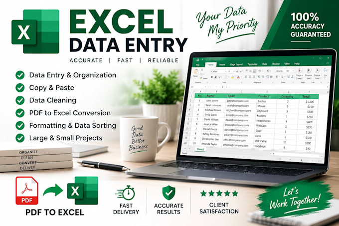 do excel data entry data cleaning and PDF to excel conversion