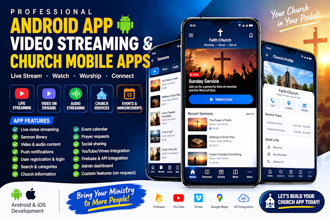 build android app video streaming church mobile apps