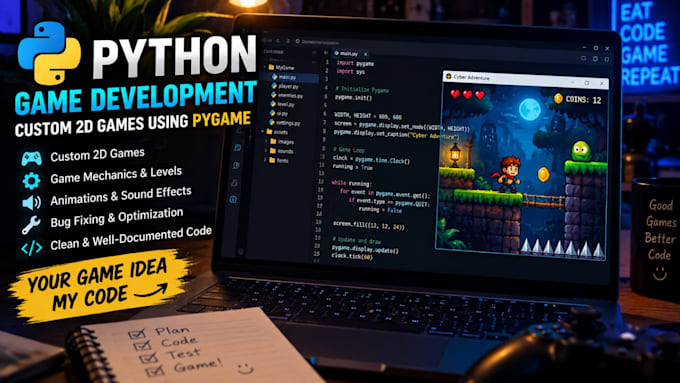develop a custom 2d python game using pygame