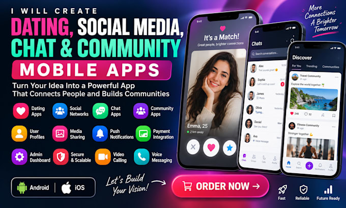 create dating, social media, chat, and community mobile apps