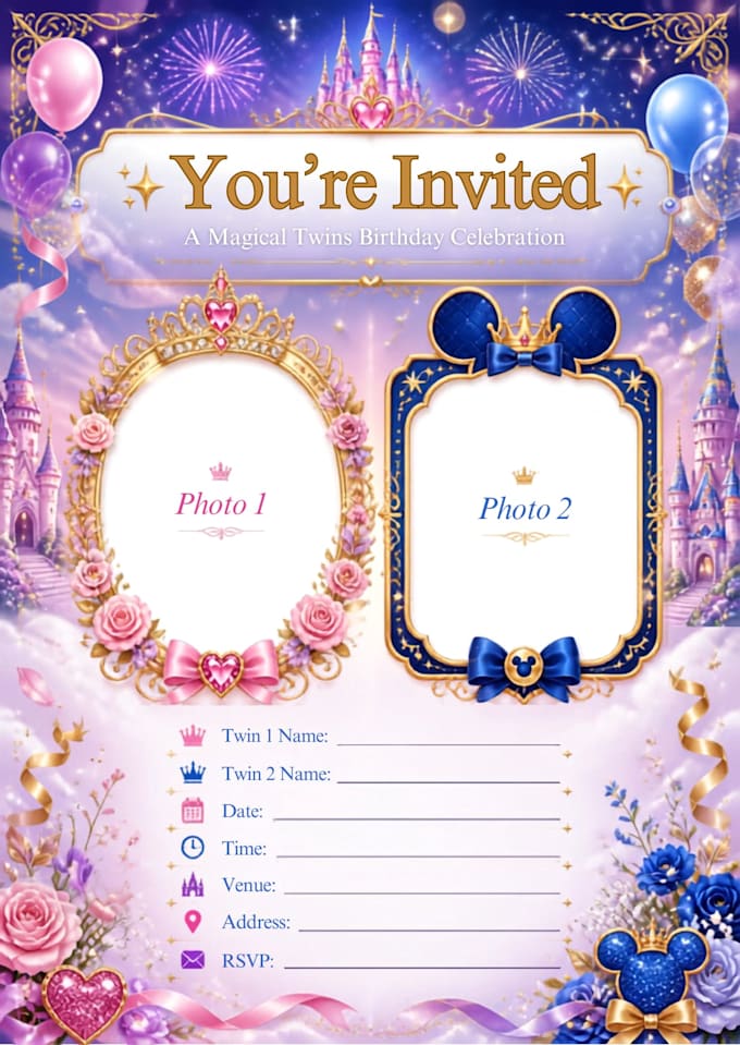 luxury twins birthday invitation