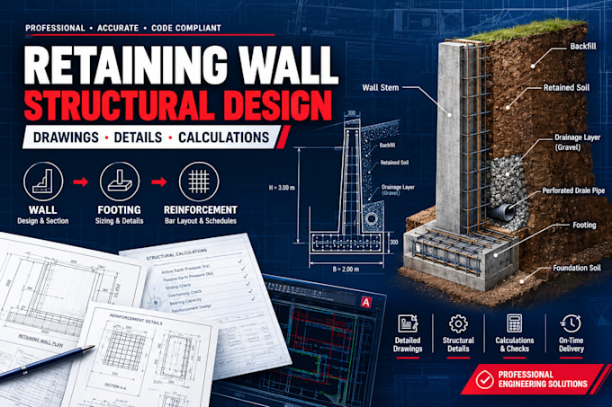 design retaining wall structural drawings and details