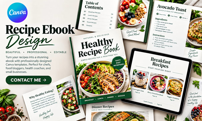 do canva recipe ebook design, cookbook layout and meal plan pdf, kdp publishing
