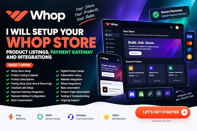 setup whop store, payment gateway, whop checkout integrations, product listings