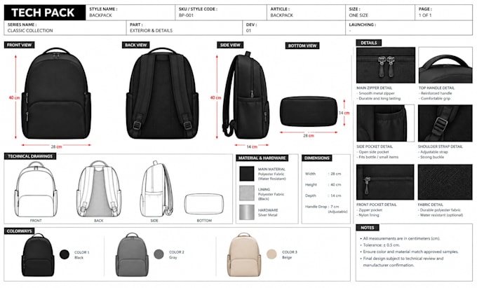 design and create backpack, handbag, luggage, duffel bag, wallet with tech pack