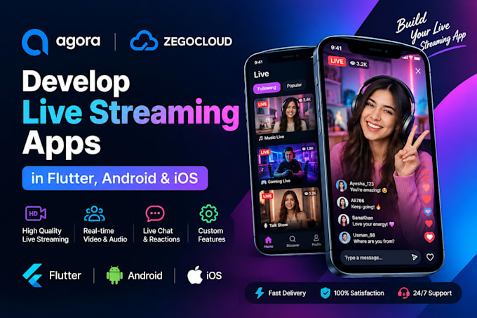 develop agora, zegocloud live streaming apps in flutter, android and ios