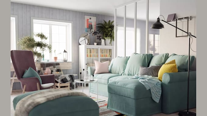 create a complete ikea interiors design with 3d renders and shopping list
