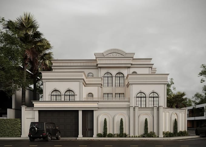 redesign luxury neoclassical villa,3d house exterior render,facade arched window