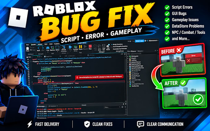 fix roblox bugs, scripts, errors and game issues