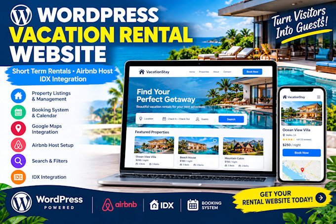 do wordpress vacation website, short term website, airbnb host, idx integration