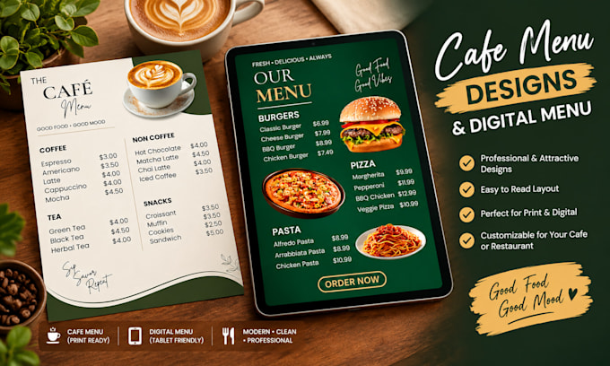 design a modern cafe, restaurant and bakery menu
