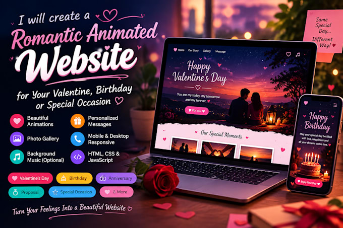 create a romantic animated website for your valentine, birthday, anniversary