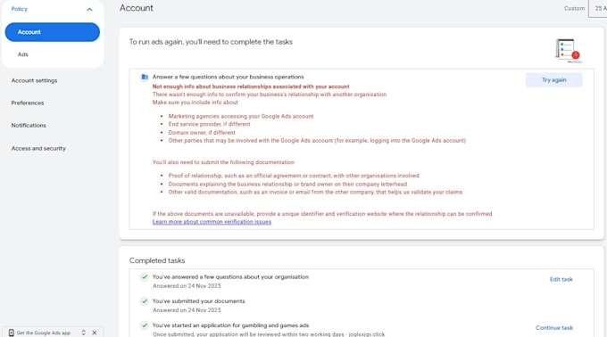 do google ads advertiser verification, bov