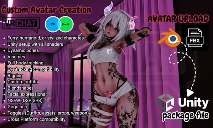 do custom vrchat avatar, vrc commission, 3d nsfw model, vr character, rig vrchat